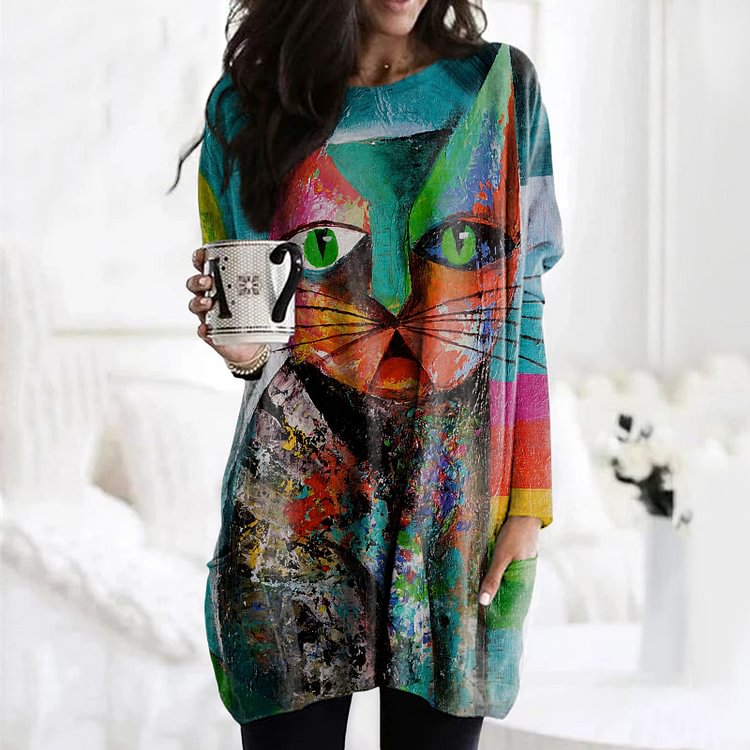 Vefave Art Cat Print Long Sleeve Pocket Tunic