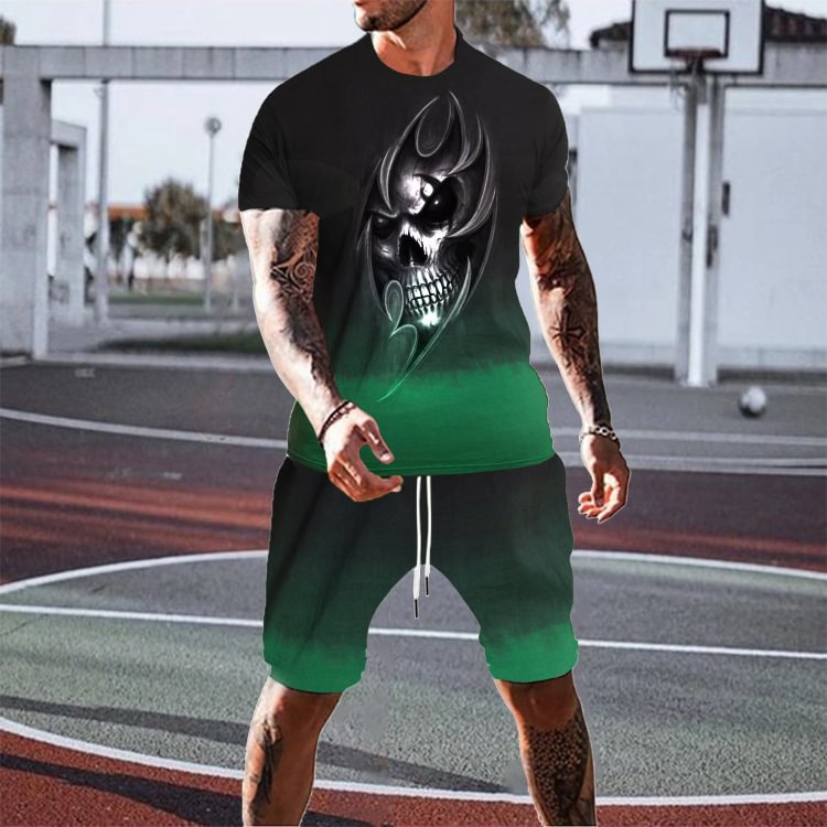 Men's Retro Set Skull Print Fading Color Short Sleeve T-Shirt Two Pieces Drawstring Shorts Set