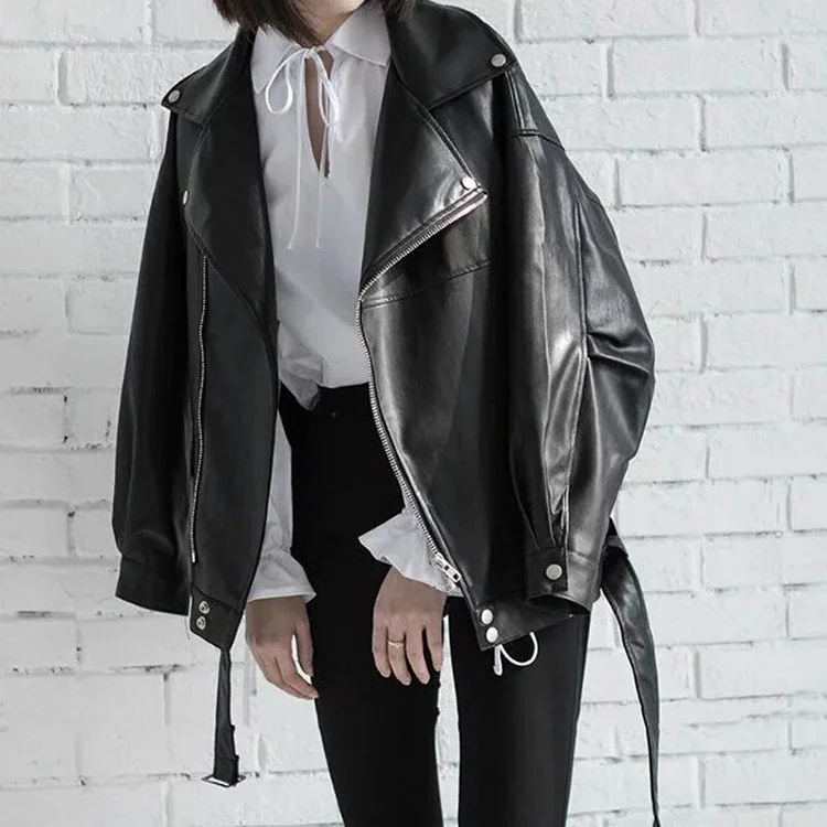 Modern Loose Solid Color Lapel Zip-up Pockets Hem Splicing Belt PU Leather Jacket