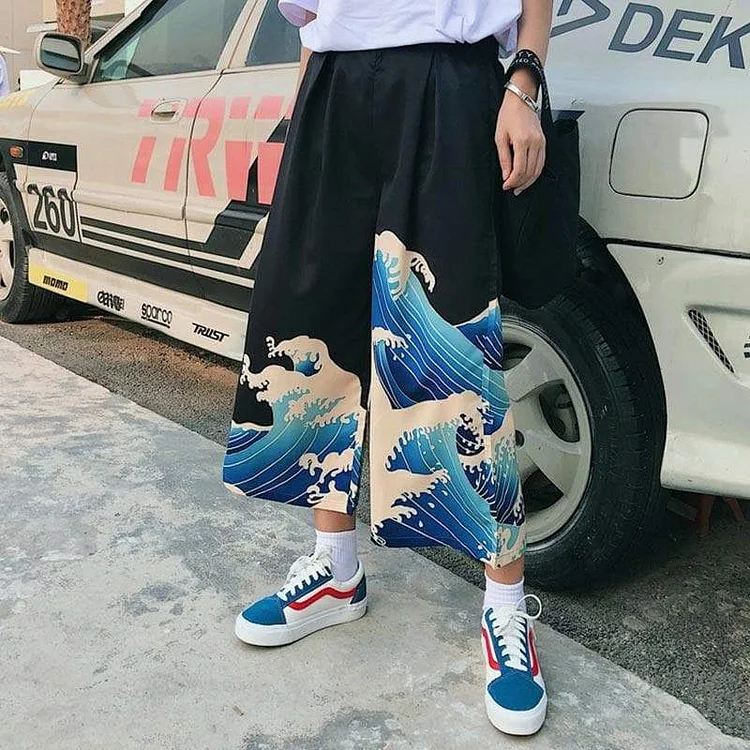 Waves Print Letter High Waist Wide Leg Pants SP15871