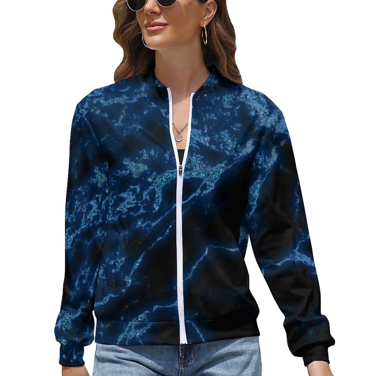Navy Blue Marble Modern Women boyfriend Zip Up Bomber Jacket Long