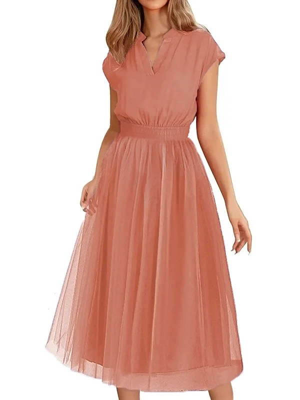 Roomy Short Sleeves Pure Color V-Neck Midi Dresses