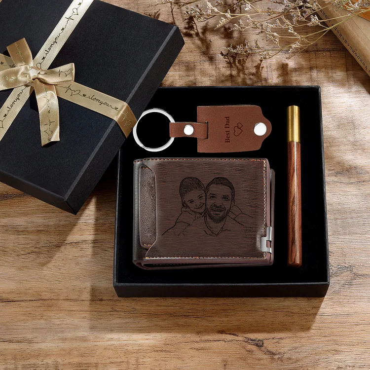 Personalized 3 Texts & 2 Photos Gift Set Custom Wallet & Keychain & Pen Gift Box Set Father’s Day Gift for Him