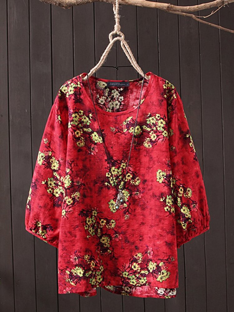 Vintage Print Puff Half Sleeve Crew Neck Overhead Blouse P1550311