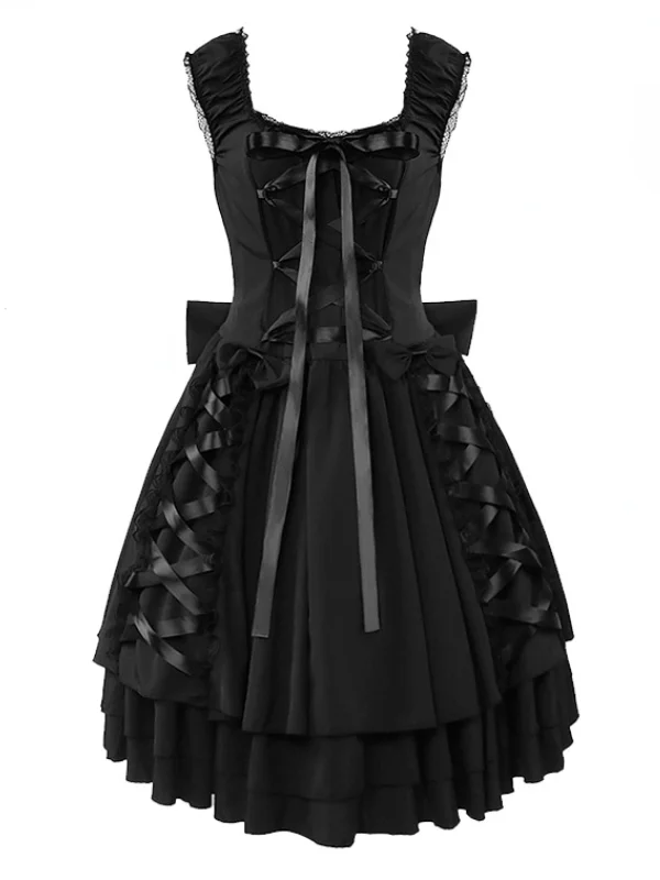 Gothic Dark Vintage Punk Solid Pattern Sleeveless Square Neck Bandaged Bowknot Lace-up Midi Dress