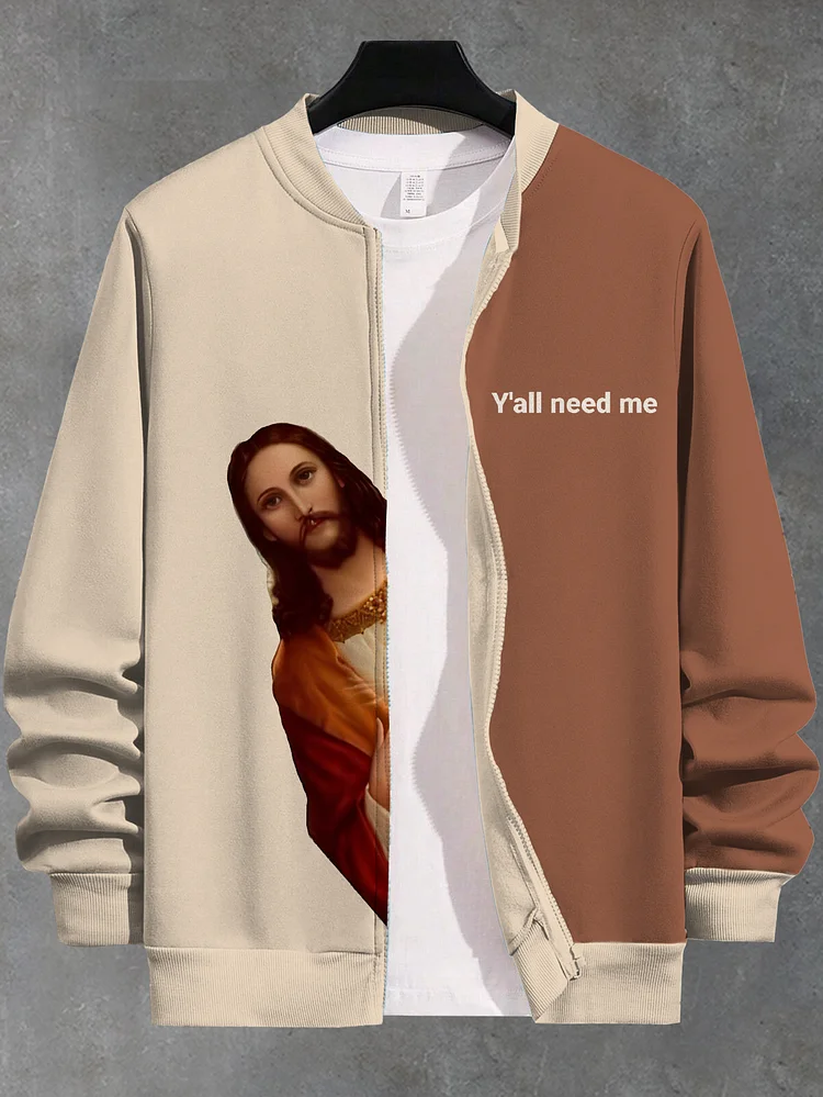 Men's Y'all Need Me Slogan Jesus Print Casual Zip Up Jacket
