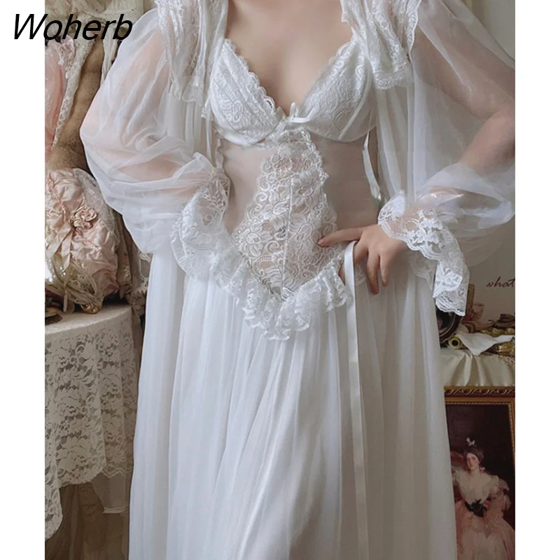 Woherb Autumn White Fairy Vintage Sweet Dress Women Mesh Lace Sexy