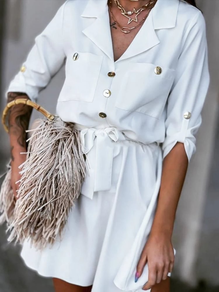 Solid Lapel Neck Bidded Shift Mini Dress P15168