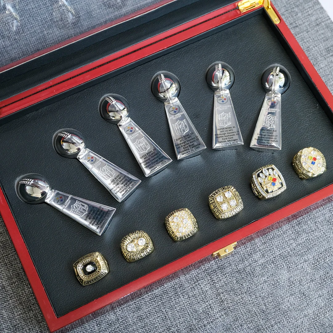 【Pittsburgh Steelers】6 Trophys and 6 Pcs Ring Set + Box NFL