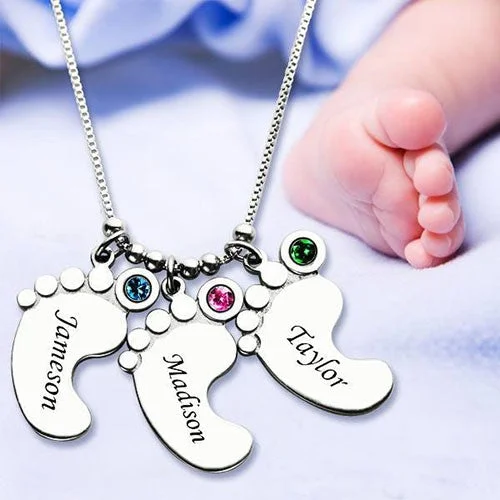 Personalized Engravable Baby Feet Birthstone Necklace with 1-6 Charms for Mom