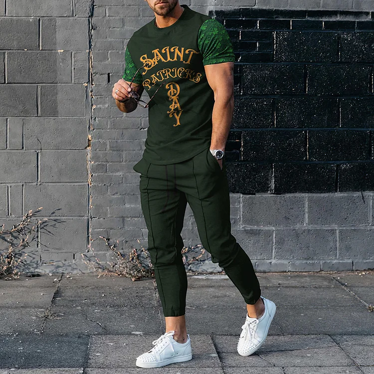 BrosWear St. Patrick'S Day Letter Men's Short Sleeve T-Shirt And Pants Co-Ord