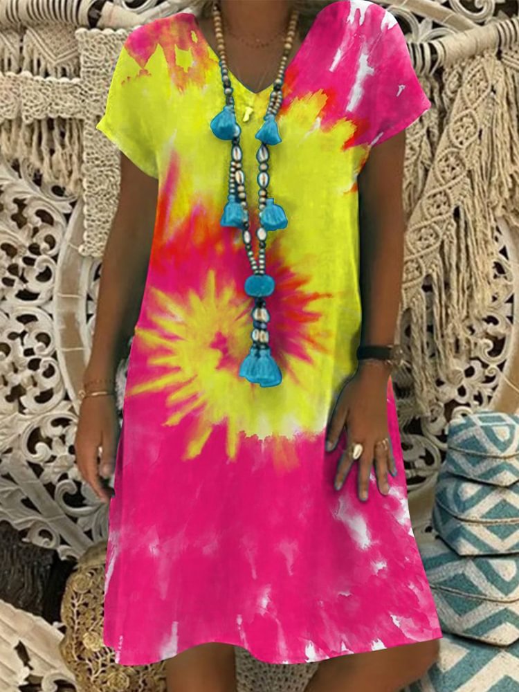 Fashion Tie Dye V Neck Loose Midi Dress P168096022