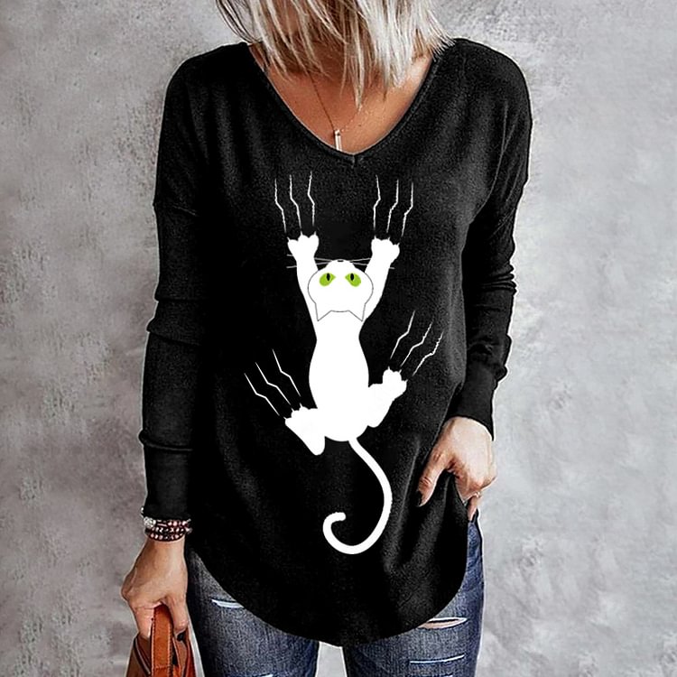 Vefave V Neck Contrast Cat Print Long Sleeve T-Shirt