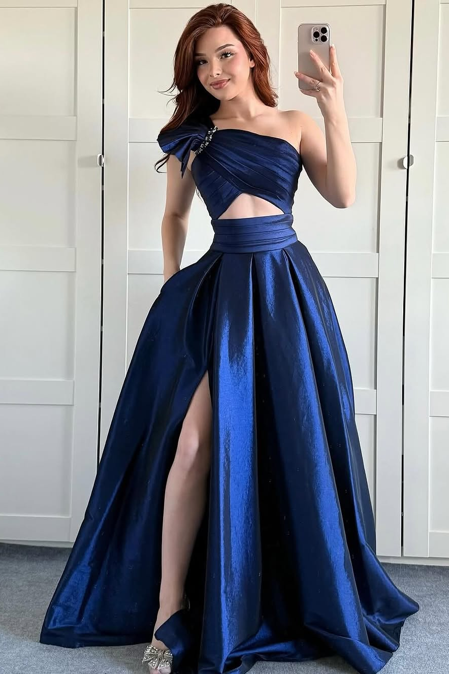 Navy Blue Satin One Shoulder Sleeveless Long A-Line Prom Dress With Pleated And Split | ZC0239 Wellcucu