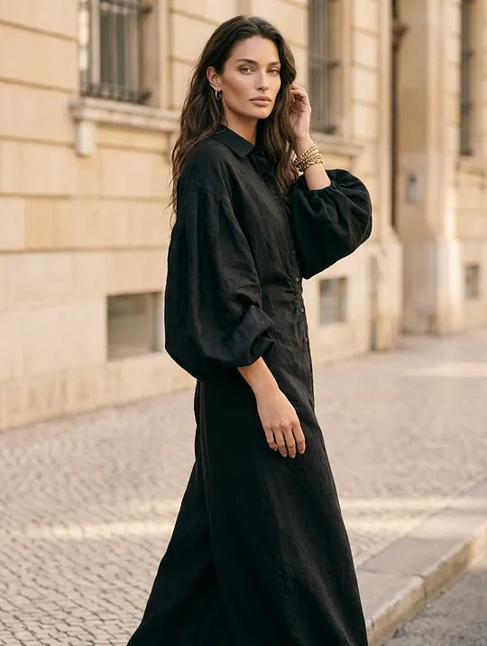 Women's Casual Black Long-sleeved Woven Maxi Dress MD