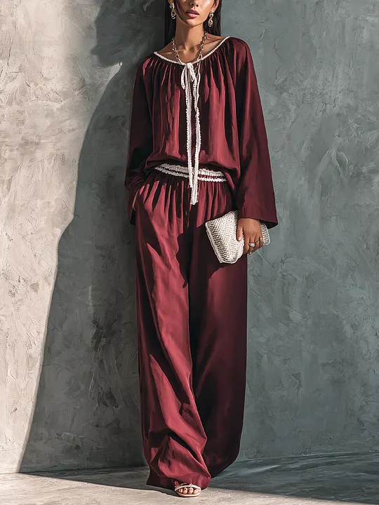 Women's Elegant Burgundy Cotton Blend Lace Trim Drawstring Wide-Leg Pants Set MD