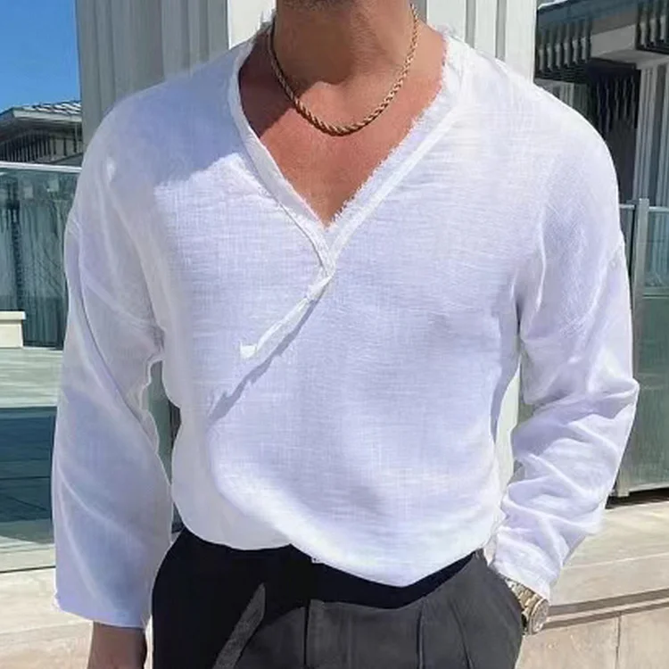V-neck Cotton Linen Casual Men's Long-sleeved T-shirt