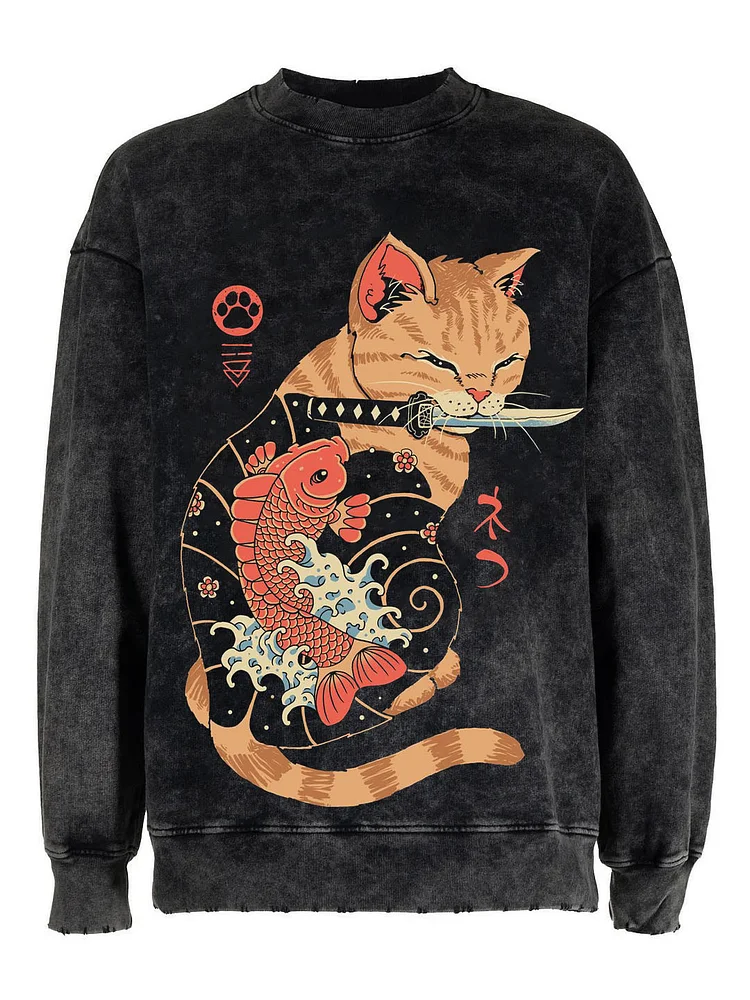 Men's Japanese Samurai Cat Koi Vintage Distressed Sweatshirt