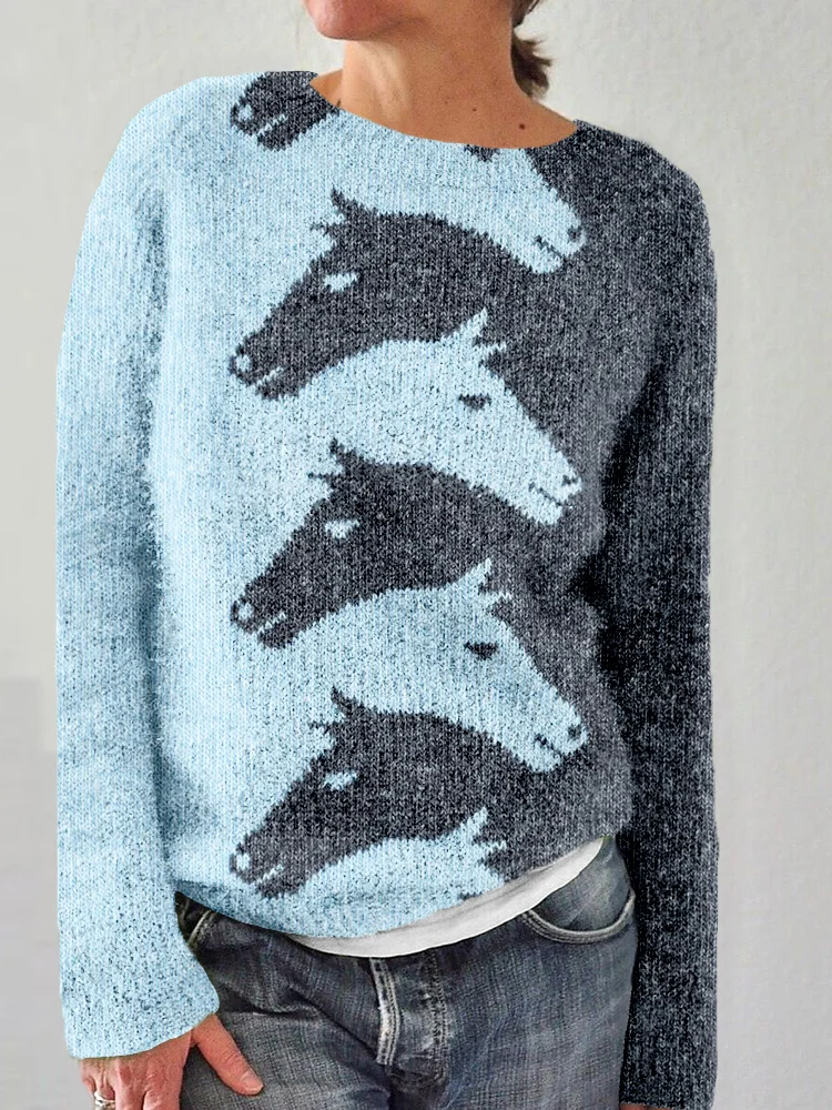 VChics Western Horses Knit Art Contrast Cozy Sweater
