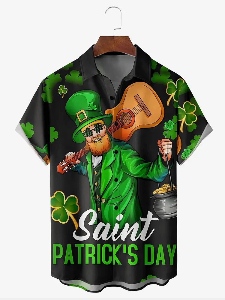 Men's Saint Patrick's Day Guitar Clover Print Short Sleeve Shirt