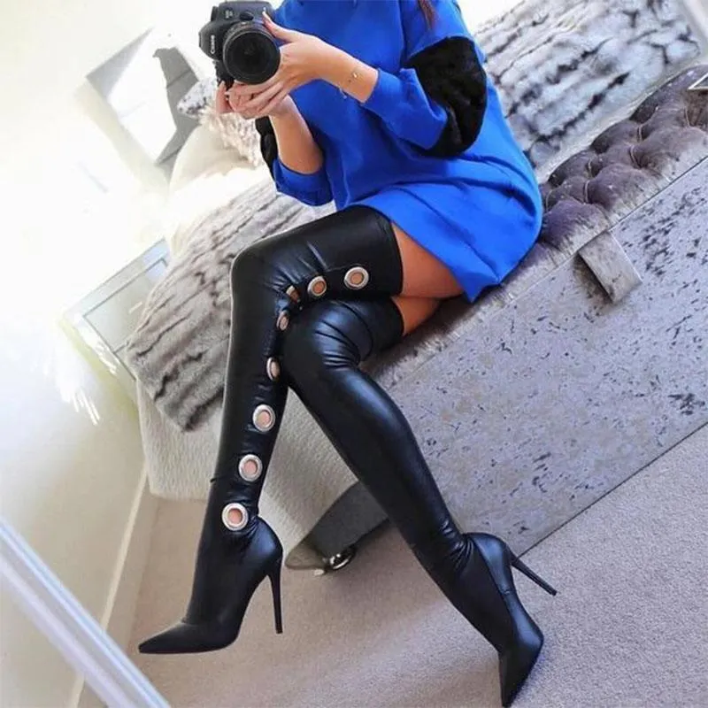 VCSHOES Black PU Cutout High Heel Thigh High Boots