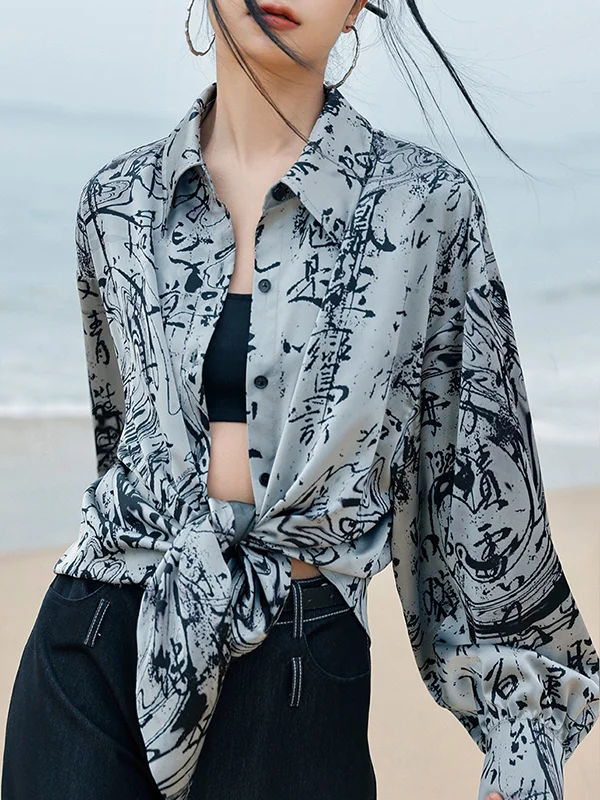 Long Sleeves Roomy Stamped Lapel Blouses&Shirts Tops