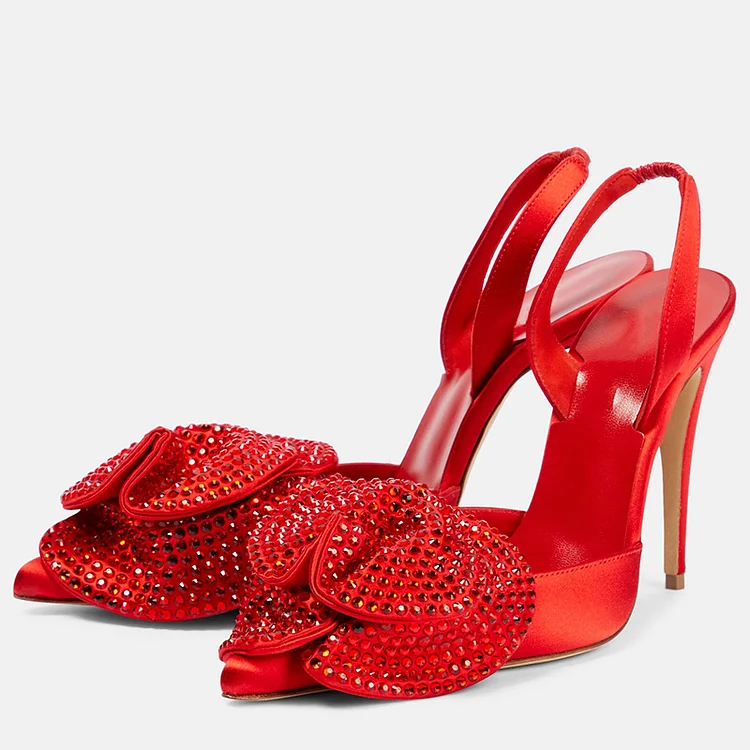 FSJ Red Satin Slingback Pumps Pointed Toe Rhinestone Floral Heels |FSJ Shoes