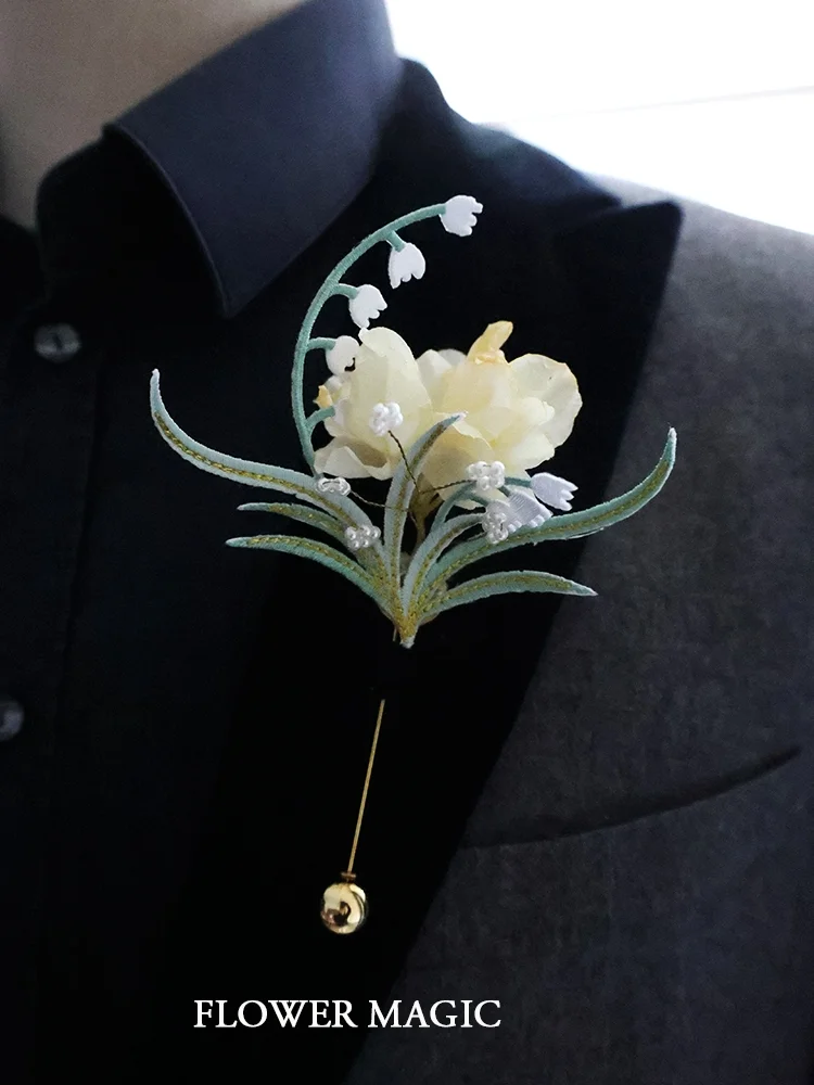 LVSE Green simple embroidery Lily creative wedding corsage bride and groom groomsman and bridesmaid Mori style boutonniere 花之魔法 ldooo