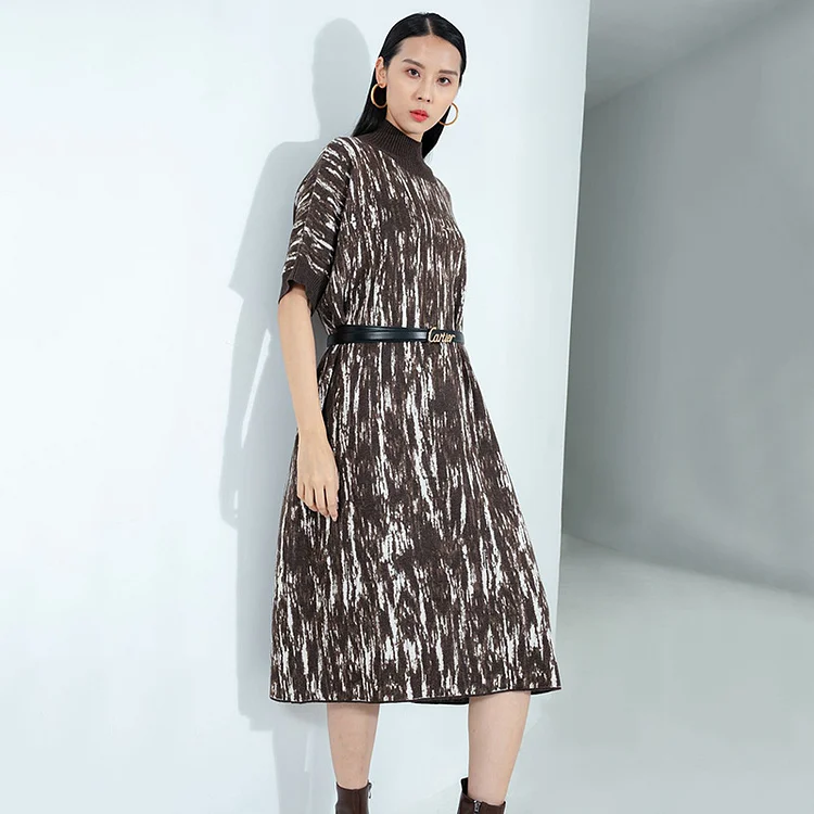 Warm Wool Jacquard High Collar Midi Dress