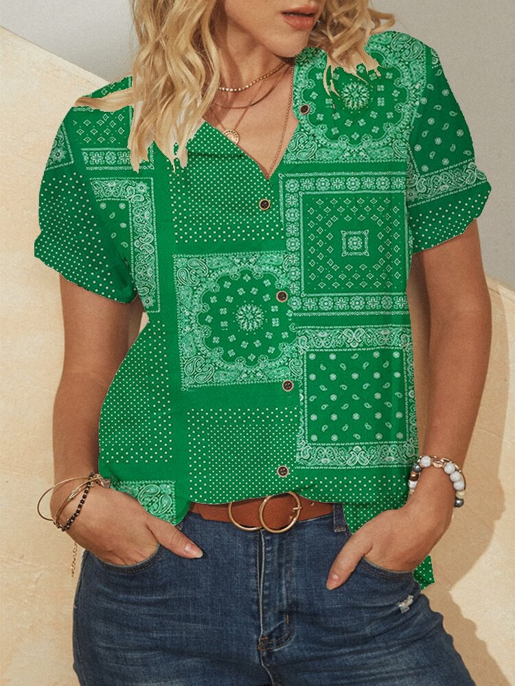 Stand Collar Button Short Sleeve Ethnic Pattern Vintage Blouse P1847775