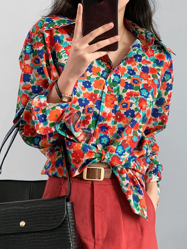 Vintage Roomy Multi-Colored Floral Stamped Blouse