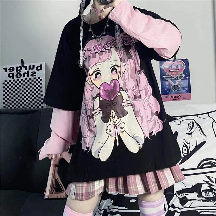 Black Purple Anime Print Long Sleeve T-shirt SP15903