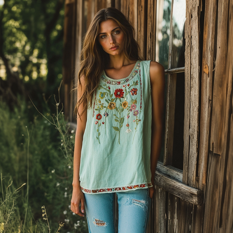 Vintage Bohemian Flowers Embroidery Art Linen Sleeveless Top
