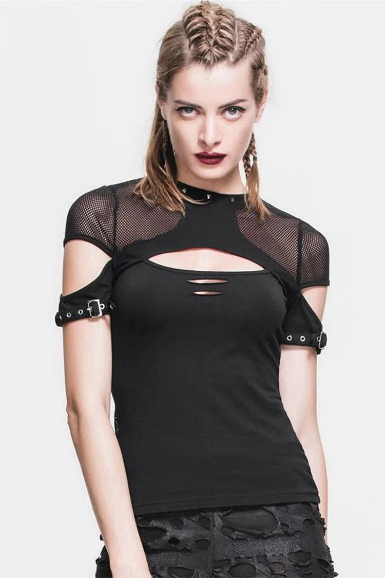 Gothic Black Party Mesh Patchwork Hollow Out Irregular Metal Buttons Skinny Blouse