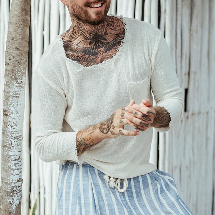 Mens Linen Minimalist Holiday Round Neck Long Sleeve Shirt