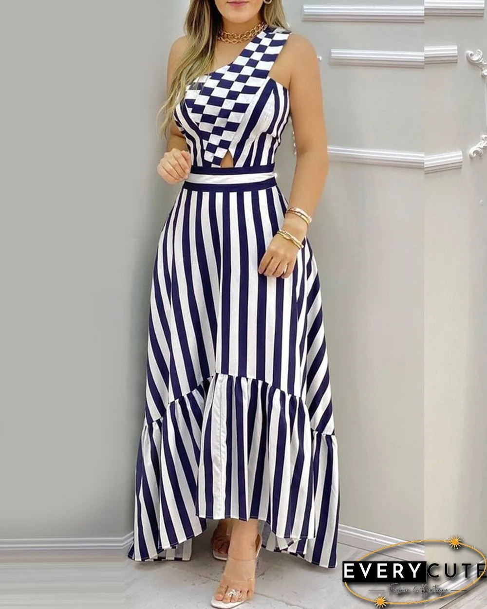 Summer Elegant One Shoulder Striped Colorblock Sleeveless Asymmetric High Waist Casual Maxi Dresses Fashion Sexy Skinny Robes