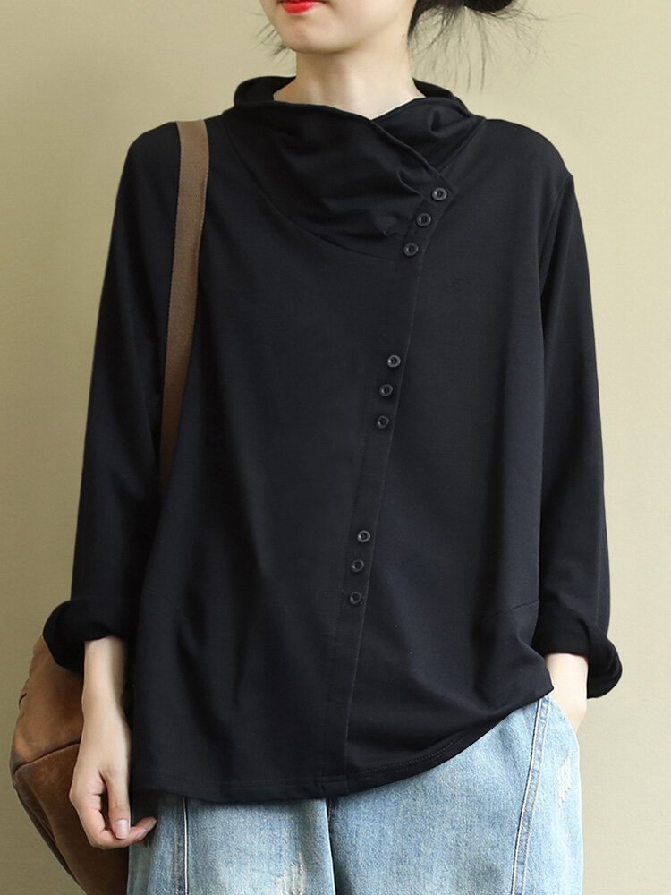 Casual Solid Color Side Button Decoration Overhead Turtleneck Sweatshirt