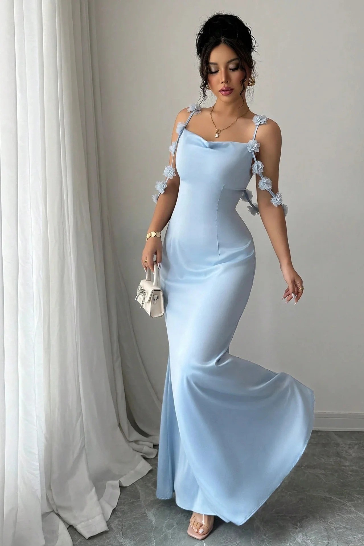 Lvs&Broner Chic Blue Spaghetti Straps Sleeveless Long Prom Dress With Mermaid