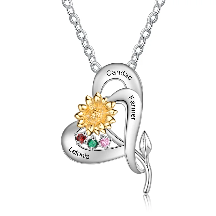 Collar de plata 925 colgante de corazón con girasol con 3 nombres personalizados y 3 piedras de nacimiento