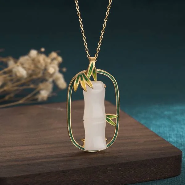 Natural Jade Enameled Bamboo Vintage Pendant Necklace