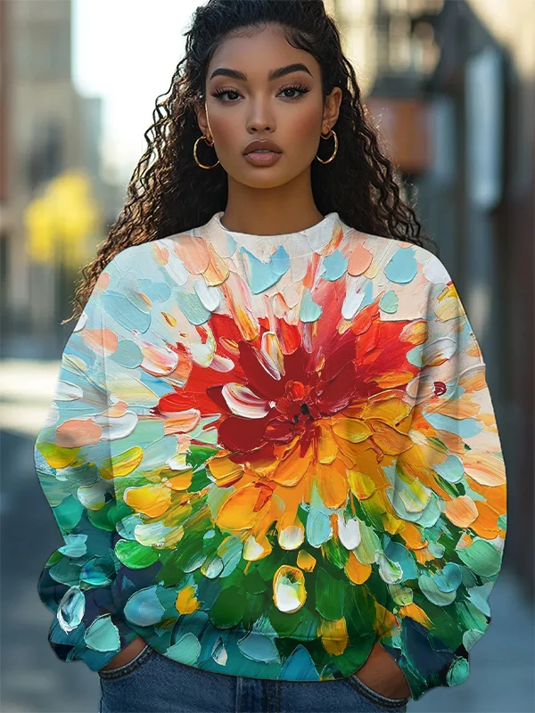 Women's Flower Oil Painting Print Casual Sweatshirt