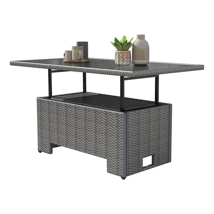 GRAND PATIO Outdoor & Indoor Coffee Dining Table - All-Weather Resin Wicker, Adjustable Steel Slat Lift Top, Storage Shelf - Gray