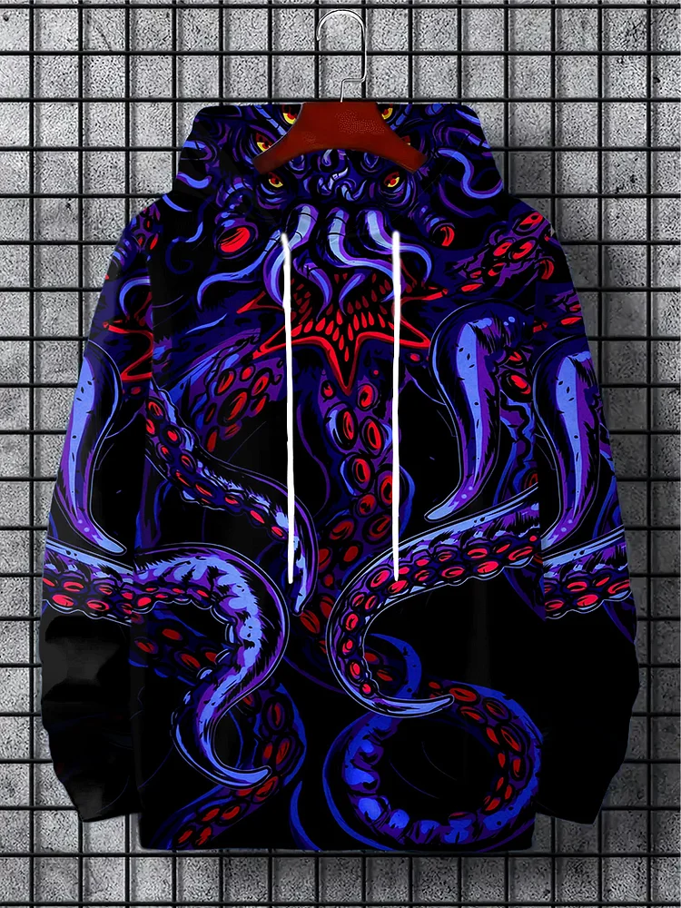 Men's Dark Night Cthulhu Monster Octopus Tentacles Print Hoodie