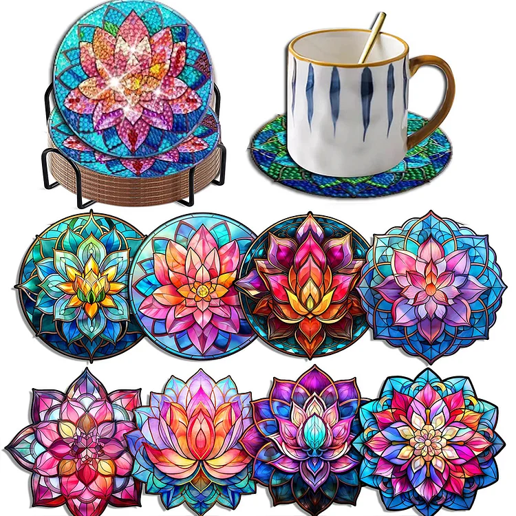 8PCS Acrylic Diamond Painting Coasters Kits with Holder (Crystal Lotus)