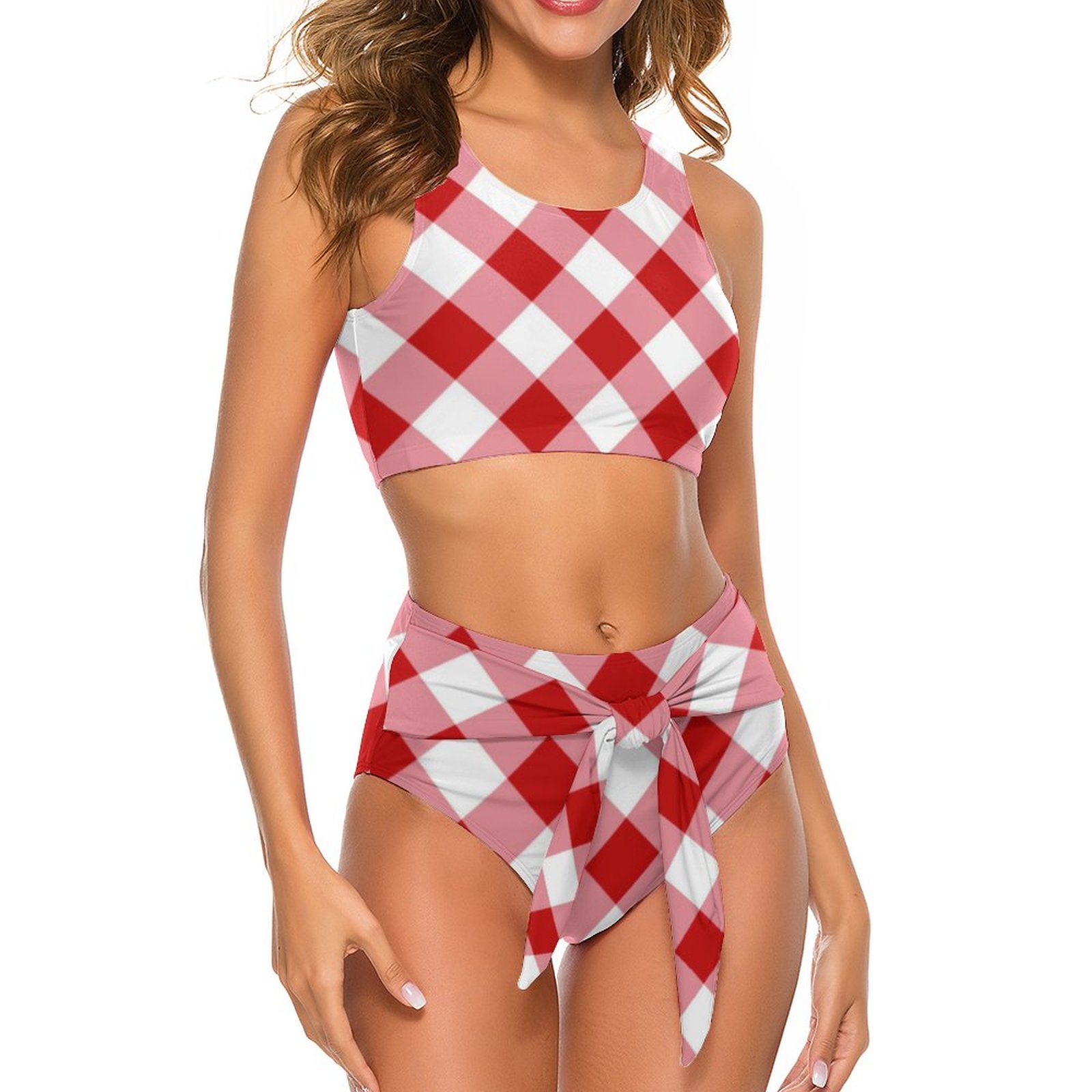 Women Modern Red Green Buffalo Plaid Sexy Summer Bikini Mid Rise