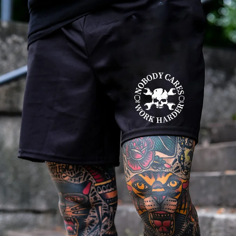 NOBODY CARES WORK HARDER Skull Black Print Shorts