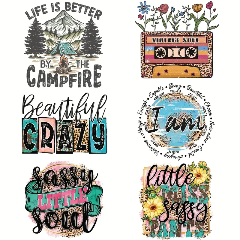 6pcs/set New Fashion Graphic With Words DIY Iron On Transfer Stickers For T-shirts Jackets Jeans Eco-friendly Heat Transfers Printing Sticker For Clothing-Guru-buzz