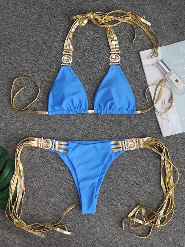 Gorgeous Embellished Triangles Bandage Split Bikini Swimsuit