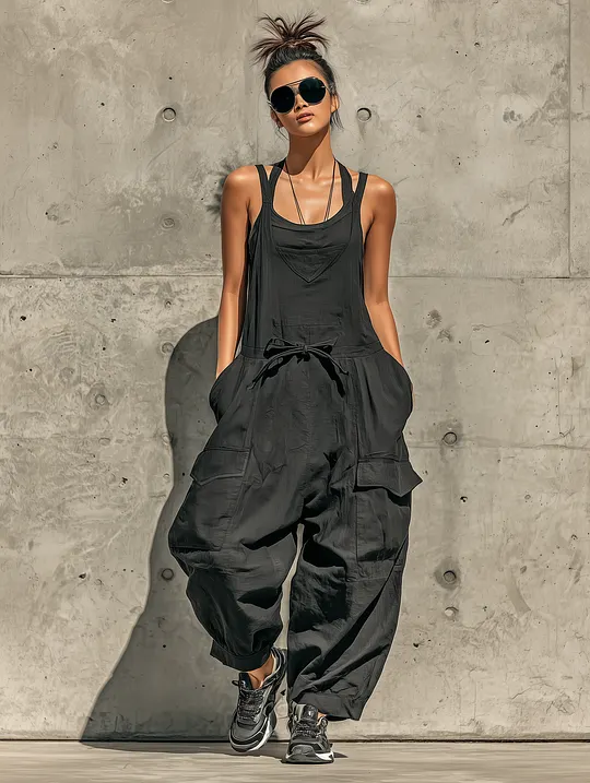 Women’s Black Linen-Blend Sling Drawstring Waist Cargo Pocket Baggy Harem Overalls Jumpsuit