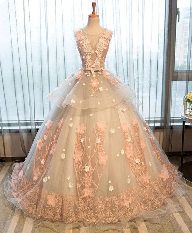 Cute Pink Tulle Lace Applique Long Prom Dress, Pink Evening Dress
